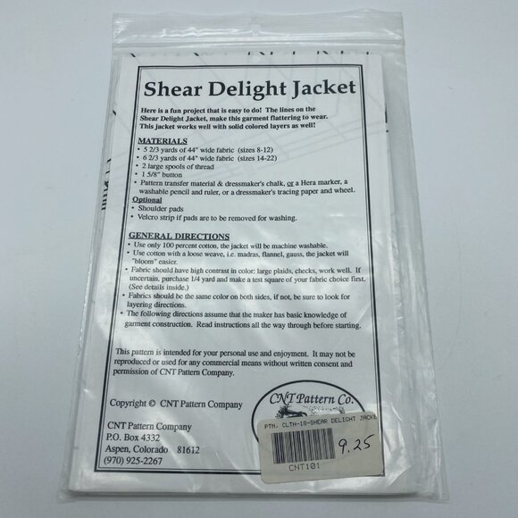 Vintage CNT Pattern Shear Delight Jacket Sewing Pattern Women’s 8–22 1990s Uncut - Picture 5 of 6